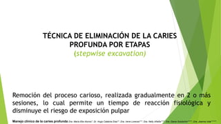 TÉCNICA DE ELIMINACIÓN DE LA CARIES
PROFUNDA POR ETAPAS
(stepwise excavation)
Remoción del proceso carioso, realizada gradualmente en 2 o más
sesiones, lo cual permite un tiempo de reacción fisiológica y
disminuye el riesgo de exposición pulpar
Manejo clínico de la caries profunda Dra. María Elia Alonso*, Dr. Hugo Calabria Díaz**, Dra. Irene Lorenzo***, Dra. Nelly Añaña****, Dra. Diana Golubchin*****, Dra. Joanna Vola******
 