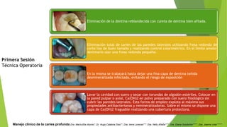 Manejo clínico de la caries profunda Dra. María Elia Alonso*, Dr. Hugo Calabria Díaz**, Dra. Irene Lorenzo***, Dra. Nelly Añaña****, Dra. Diana Golubchin*****, Dra. Joanna Vola******
Eliminación de la dentina reblandecida con cureta de dentina bien afilada.
Eliminación total de caries de las paredes laterales utilizando fresa redonda de
corte liso de buen tamaño y realizando control colorimétrico. En el límite amelo-
dentinario usar una fresa redonda pequeña.
En la misma se trabajará hasta dejar una fina capa de dentina teñida
desmineralizada infectada, evitando el riesgo de exposición
Lavar la cavidad con suero y secar con torundas de algodón estériles. Colocar en
la pared pulpar o axial, Ca(OH)2 en polvo preparado con suero fisiológico sin
cubrir las paredes laterales. Esta forma de empleo explota al máximo sus
propiedades antibacterianas y remineralizadoras. Sobre el mismo se dispone una
capa de Ca(OH)2 fraguable realizando una cobertura protectora.
Primera Sesión
Técnica Operatoria
 