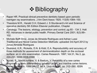 • Raper HR. Practical clinical preventive dentistry based upon periodic
roentgen ray examinations. J Am Dent Assoc 1925; 112(9):1084–100.
• Theodore M.R., Harald O.H, Edward J. S Sturdevant’s Art and Science of
operative dentistry 5th Edition Elsevier publication, Chapter
• Cariology: The lesions, etiology, prevention and control; pg 65 - 134 3. Holt
RD. Advances in dental public health. Primary Dental Care 2001; 8(3):99–
102.
• Michele Baffi Diniz, Jonas de Almeida Rodrigues and Adrian Lussi
Traditional and Novel Caries Detection Methods: uploaded 3rd April 2012 by
Jonas Almeida Rodrigues
• Ekstrand, K.R.; Ricketts, D.N. & Kidd, E.A. Reproducibility and accuracy of
three methods for assessment of demineralization depth on the occlusal
surface: an in vitro examination. Caries Research. 1997; Vol.31, No.3, pp.
224-231, ISSN 0008-6568
• Nyvad, B.; Machiulskiene, V. & Baelum, V. Reliability of a new caries
diagnostic system differentiating between active and inactive caries lesions.
Caries Research. 1999;Vol.33, No.4, (July-August), pp. 252–260, ISSN
0002-8177
111
Bibliography
 