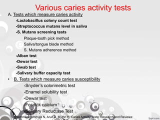 Various caries activity tests
A. Tests which measure caries activity
-Lactobacillus colony count test
-Streptococcus mutans level in saliva
-S. Mutans screening tests
Plaque-tooth pick method
Saliva/tongue blade method
S. Mutans adherence method
-Alban test
-Dewar test
-Swab test
-Salivary buffer capacity test
• B. Tests which measure caries susceptibility
-Snyder’s colorimetric test
-Enamel solubility test
-Dewar test
-Fosdick calcium
-Salivary Reductase Test
Nemmarugommula N, Arun A, Mythri H. Caries Activity Tests. Research and Reviews:
 