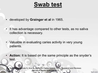 Swab test
• developed by Grainger et al in 1965.
• It has advantage compared to other tests, as no saliva
collection is necessary.
• Valuable in evaluating caries activity in very young
patients.
• Action: It is based on the same principle as the snyder’s
test.
Nemmarugommula N, Arun A, Mythri H. Caries Activity Tests. Research and Reviews:
Journal of Dental Sciences 2013.
 