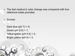 • The test medium’s color change was compared with four
reference tubes provided.
• Scored :
Dark blue (pH 7) = 0;
Green (pH 5.5) = 1;
Yellow-green (pH 4.5) = 2;
Bright yellow (pH 4) = 3.
 