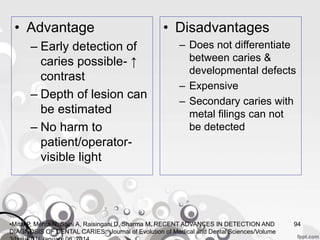 94
• Disadvantages
– Does not differentiate
between caries &
developmental defects
– Expensive
– Secondary caries with
metal filings can not
be detected
• Advantage
– Early detection of
caries possible- ↑
contrast
– Depth of lesion can
be estimated
– No harm to
patient/operator-
visible light
•Mital P, Mehta N, Saini A, Raisingani D, Sharma M. RECENT ADVANCES IN DETECTION AND
DIAGNOSIS OF DENTAL CARIES. Journal of Evolution of Medical and Dental Sciences/Volume
 