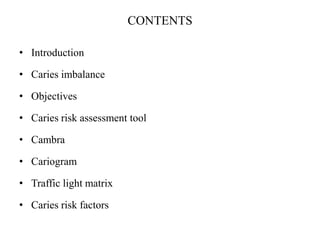 CONTENTS
• Introduction
• Caries imbalance
• Objectives
• Caries risk assessment tool
• Cambra
• Cariogram
• Traffic light matrix
• Caries risk factors
 
