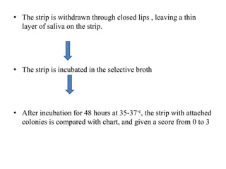 • The strip is withdrawn through closed lips , leaving a thin
layer of saliva on the strip.
• The strip is incubated in the selective broth
• After incubation for 48 hours at 35-37◦c, the strip with attached
colonies is compared with chart, and given a score from 0 to 3
 