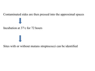 Contaminated sides are then pressed into the approximal spaces
Incubation at 37◦c for 72 hours
Sites with or without mutans streptococci can be identified
 