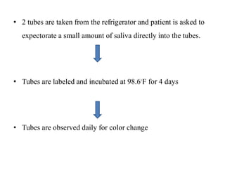 • 2 tubes are taken from the refrigerator and patient is asked to
expectorate a small amount of saliva directly into the tubes.
• Tubes are labeled and incubated at 98.6◦F for 4 days
• Tubes are observed daily for color change
 