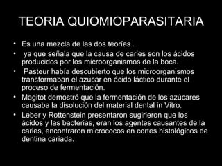 TEORIA QUIOMIOPARASITARIA Es una mezcla de las dos teorías . ya que señala que la causa de caries son los ácidos producidos por los microorganismos de la boca. Pasteur había descubierto que los microorganismos transformaban el azúcar en ácido láctico durante el proceso de fermentación.  Magitot demostró que la fermentación de los azúcares causaba la disolución del material dental in Vitro.  Leber y Rottenstein presentaron sugirieron que los ácidos y las bacterias, eran los agentes causantes de la caries, encontraron micrococos en cortes histológicos de dentina cariada.  