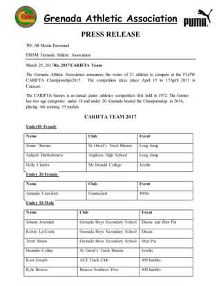 Grenada Athletic Association
PRESS RELEASE
TO: All Media Personnel
FROM: Grenada Athletic Association
March 25, 2017Re. 2017 CARIFTA Team
The Grenada Athletic Association announces the roster of 21 athletes to compete at the FLOW
CARIFTA Championships2017. The competition takes place April 15 to 17April 2017 in
Curacao.
The CARIFTA Games is an annual junior athletics competition first held in 1972. The Games
has two age categories: under 18 and under 20. Grenada hosted the Championship in 2016,
placing 4th winning 13 medals.
CARIFTA TEAM 2017
Under18 Female
Name Club Event
Joniar Thomas St. David’s Track Blazers Long Jump
Aaliyah Bartholomew Anglican High School Long Jump
Holly Charles Mc Donald College Javelin
Under 20 Female
Name Club Event
Amanda Crawford. Unattached 400m
Under 18 Male
Name Club Event
Johann Jeremiah Grenada Boys Secondary School Discus and Shot Put
Kelvin La Crette Grenada Boys Secondary School Discus
Trent Simon Grenada Boys Secondary School Shot Put
Deandre Collins St. David’s Track Blazers Javelin
Kore Joseph ACE Track Club 400 hurdles
Kyle Bowen Beacon Southern Pros 400 hurdles
 