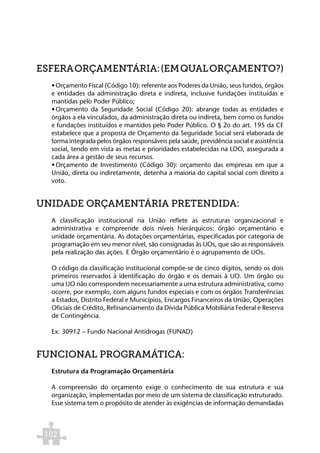 ESFERA ORÇAMENTÁRIA: (EM QUAL ORÇAMENTO?)
  •	Orçamento Fiscal (Código 10): referente aos Poderes da União, seus fundos, órgãos
  e entidades da administração direta e indireta, inclusive fundações instituídas e
  mantidas pelo Poder Público;
  •	Orçamento da Seguridade Social (Código 20): abrange todas as entidades e
  órgãos a ela vinculados, da administração direta ou indireta, bem como os fundos
  e fundações instituídos e mantidos pelo Poder Público. O § 2o do art. 195 da CF
  estabelece que a proposta de Orçamento da Seguridade Social será elaborada de
  forma integrada pelos órgãos responsáveis pela saúde, previdência social e assistência
  social, tendo em vista as metas e prioridades estabelecidas na LDO, assegurada a
  cada área a gestão de seus recursos.
  •	Orçamento de Investimento (Código 30): orçamento das empresas em que a
  União, direta ou indiretamente, detenha a maioria do capital social com direito a
  voto.


UNIDADE ORÇAMENTÁRIA PRETENDIDA:
  A classificação institucional na União reflete as estruturas organizacional e
  administrativa e compreende dois níveis hierárquicos: órgão orçamentário e
  unidade orçamentária. As dotações orçamentárias, especificadas por categoria de
  programação em seu menor nível, são consignadas às UOs, que são as responsáveis
  pela realização das ações. E Órgão orçamentário é o agrupamento de UOs.

  O código da classificação institucional compõe-se de cinco dígitos, sendo os dois
  primeiros reservados à identificação do órgão e os demais à UO. Um órgão ou
  uma UO não correspondem necessariamente a uma estrutura administrativa, como
  ocorre, por exemplo, com alguns fundos especiais e com os órgãos Transferências
  a Estados, Distrito Federal e Municípios, Encargos Financeiros da União, Operações
  Oficiais de Crédito, Refinanciamento da Dívida Pública Mobiliária Federal e Reserva
  de Contingência.

  Ex: 30912 – Fundo Nacional Antidrogas (FUNAD)


FUNCIONAL PROGRAMÁTICA:
  Estrutura da Programação Orçamentária

  A compreensão do orçamento exige o conhecimento de sua estrutura e sua
  organização, implementadas por meio de um sistema de classificação estruturado.
  Esse sistema tem o propósito de atender às exigências de informação demandadas



 102
 
