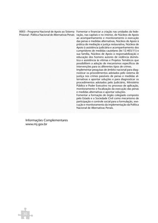 0003 - Programa Nacional de Apoio ao Sistema Fomentar e financiar a criação nas unidades da fede-
Prisional - Política Nacional de Alternativas Penais ração, nas capitais e no interior, de Núcleos de Apoio
                                                     ao acompanhamento e monitoramento à execução
                                                     das penas e medidas alternativas, Núcleos de Apoio à
                                                     prática de mediação e justiça restaurativa, Núcleos de
                                                     Apoio à assistência judiciária e acompanhamento dos
                                                     cumpridores de medidas cautelares (lei 12.403/11) e
                                                     sua família, Núcleos de Apoio à responsabilização e
                                                     educação dos homens autores de violência domés-
                                                     tica e assistência às vítimas e Projetos Temáticos que
                                                     possibilitem a adoção de mecanismos específicos de
                                                     intervenções para os diferentes tipos de crimes.
                                                     Implementar pesquisas de âmbito nacional para diag-
                                                     nosticar os procedimentos adotados pelo sistema de
                                                     justiça nos crimes passíveis de penas e medidas al-
                                                     ternativas e apontar soluções e para diagnosticar os
                                                     procedimentos adotados pelo Judiciário, Ministério
                                                     Público e Poder Executivo no processo de aplicação,
                                                     monitoramento e fiscalização da execução das penas
                                                     e medidas alternativas e apontar soluções.
                                                     Fomentar a formação de órgão colegiado composto
                                                     pelo Estado e a Sociedade Civil como mecanismo de
                                                     participação e controle social para a formulação, exe-
                                                     cução e monitoramento da implementação da Política
                                                     Nacional de Alternativas Penais.



     Informações Complementares
     www.mj.gov.br




   30
 