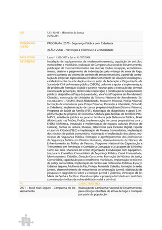 UO                   UO: 30101 – Ministério da Justiça
                     (SENASP)

PROGRAMA             PROGRAMA: 2070 - Segurança Pública com Cidadania
/AÇÃO
                     AÇÃO: 20UD - Prevenção à Violência e à Criminalidade

BASE LEGAL           Lei nº 11.530/2007 e Lei nº 11.707/2008.
DESCRIÇÃO            Instalação de equipamentos de viodemonitoramento, aquisição de veículos,
                     motocicletas e mobiliário, realização de Campanha Nacional de Desarmamento,
                     publicação de material informativo nas diversas mídias; recepção, acondiciona-
                     mento, destino e pagamento de indenizações pela entrega de arma de fogo,
                     aperfeiçoamento do sistema de controle de armas e munições, a partir da contra-
                     tação de empresas especializadas no desenvolvimento de soluções tecnológicas,
                     estabelecimento da articulação entre os entes da Federação e Organizações da
                     Sociedade Civil de Interesse público (OSCIPs) de forma a apoiar a implementação
                     de projetos de formação cidadã e garantir recursos para a execução das diversas
                     iniciativas de prevenção, dentre elas recuperação e construção de equipamentos
                     públicos desportivos (Praça da Juventude), Viva Voz (Programa de Atendimento
                     Cidadão), construção de Unidades do Sistema Nacional de Atendimento Só-
                     cio-educativo – SINASE, Brasil Alfabetizado, Projovem Prisional, ProEja Prisional,
                     formação de educadores para Proeja Prisional, Pintando a Liberdade, Pintando
                     a Cidadania, implementação de cursos preparatórios/Enem/Sistema Prisional,
                     Programa de Saúde da Família (PSF), elaboração do diagnóstico e apoio à im-
                     plementação de projetos de Economia Solidária para famílias do território PRO-
                     NASCI, assistência jurídica ao preso e familiares pela Defensoria Pública, Brasil
                     Alfabetizado nas Prisões, ProEja, implementação de cursos preparatórios para o
                     ENEM, biblioteca, instalação e modernização de espaços culturais (Pontos de
                     Cultura), Pontos de Leitura, Museus, Telecentros para Inclusão Digital, Esporte
                     e Lazer na Cidade (PELC) e implantação de Museus Comunitários, implantação
                     dos núcleos de polícia comunitária, elaboração e implantação dos planos mu-
                     nicipais de Segurança Pública, formação e aperfeiçoamento dos profissionais
                     de Segurança Pública em Direitos Humanos, desenvolvimento de Núcleos de
                     Enfrentamento ao Tráfico de Pessoas, Programa Nacional de Capacitação e
                     Treinamento em Prevenção e Combate à Corrupção e à Lavagem de Dinheiro,
                     Corte do Fluxo Financeiro do Crime Organizado, Estruturação com equipamen-
                     tos para os Conselhos Comunitários de Segurança Pública, Canal Comunidade,
                     Monitoramento Cidadão, Geração Consciente, Formação de Núcleos de Justiça
                     Comunitária, capacitação para conselheiros municipais, implantação de núcleos
                     de justiça comunitária, implantação de núcleos nas Defensorias Públicas, Espaços
                     Urbanos Seguros, Mulheres da Paz, Protejo, Reservista Cidadão, formação de redes
                     juvenis, desenvolvimento de mecanismos de informação juvenil, elaboração de
                     pesquisas e diagnósticos sobre a condição juvenil e violência, efetivação da Lei
                     Maria da Penha e Pacificar. Visando ampliar a presença do Estado em territórios
                     com elevados índices de vulnerabilidade social e criminal.
PO                                               CARACTERÍSTICA
0001 - Brasil Mais Seguro - Campanha do De- Realização de Campanha Nacional de Desarmamento,
sarmamento                                  para entrega voluntária de armas de fogo e munições
                                            por parte da população.




     34
 
