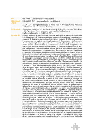 UO           UO: 30108 – Departamento de Polícia Federal
PROGRAMA     PROGRAMA: 2070 - Segurança Pública com Cidadania
/AÇÃO
             AÇÃO: 2726 - Prevenção e Repressão ao Tráfico Ilícito de Drogas e a Crimes Praticados
             contra Bens, Serviços e Interesses da União
BASE LEGAL   Constituição Federa art. 144, § 1º; Portaria-MJ nº 213, de 1999; Decreto nº 73.332, de
             1973; Agendas do Plano Nacional de Segurança Pública, Capítulo 6,
             implementado pela Lei nº 10.201, de 2001.
DESCRIÇÃO    Instauração, instrução e conclusão de Investigações Policiais e de Ações de Fiscalização
             Específicas através do desenvolvimento de atividades de inteligência; mapeamento e
             ocupação de áreas; processamento de informações; execução de diligências, perícias,
             Interrogatórios, acareações, reconstituições; custeio de despesas com o deslocamento
             de policiais; aquisição de equipamentos de uso policial; ações de patrulhamento ma-
             rítimo, lacustre e fluvial; auditorias, visitas técnicas e auditorias em aeroportos; e de
             outras ações relevantes à elucidação de crimes e ao combate ao tráfico ilícito de dro-
             gas. Planejamento, coordenação e execução de operações e atividades voltadas para a
             garantia da integridade física de representantes dos Poderes da República, candidatos
             à Presidência da República, autoridades brasileiras e estrangeiras em visita ao Território
             Nacional. Concepção e implantação de um conjunto de iniciativas para o fortalecimento
             do controle de armas de fogo e munição em todo o Território Nacional. Operações
             de fiscalização voltadas para a implementação de um efetivo controle das atividades
             relacionadas à fabricação, importação, exportação, registro, posse e comercialização de
             armas de fogo e munição em todo o Território Nacional. Combater o contrabando e o
             descaminho; Combater os crimes contra a propriedade intelectual e industrial (pirataria);
             Combater os crimes cometidos por meio da rede mundial de computadores (ciberné-
             ticos); Combater crimes contra o meio ambiente e patrimônio histórico; Combater o
             tráfico de drogas e de seres humanos; Combater a exploração sexual infanto-juvenil e
             a pedofilia; Reprimir os crimes contra a organização do trabalho; Apurar conflitos agrá-
             rios e fundiários; Combater os crimes: Contra a seguridade social, Contra os direitos
             humanos, Contra as comunidades indígenas. Combater os crimes políticos. Combater
             os crimes contra os bens, serviços ou interesses União ou de suas entidades autárquicas
             ou empresas públicas, Combater os delitos de furto, roubo e receptação de cargas ou
             de valores de instituições bancárias e empresas de transporte de valores, presentes os
             requisitos da interestadualidade e repressão uniforme; Reprimir outros crimes previstos
             em tratado ou convenção internacional, quando, iniciada a execução no País, o resul-
             tado tenha ou devesse ter ocorrido no estrangeiro, ou reciprocamente; Reprimir crimes
             de ingresso ou permanência irregular de estrangeiro e os crimes cometidos a bordo de
             navios ou aeronaves, ressalvada a competência da Justiça Militar; Executar as medidas
             assecuratórias da incolumidade física de Representantes dos Poderes da República, Au-
             toridades Brasileiras e Estrangeiras em visita ao Território Nacional. Fiscalizar e controlar
             as empresas de segurança privada em todo o país; Reprimir crimes contra o Sistema
             Financeiro Nacional e a Lavagem de Ativos; Combater os crimes contra a Ordem Eco-
             nômica e Tributária; Combater crimes eleitorais; Reprimir o tráfico de armas, acessórios
             e munições; Exercer o Controle e Fiscalização sobre armas de fogo, sempre atuando de
             forma integrada com todas as áreas da Polícia Federal e com os demais órgãos afins.
             Fiscalização visando o controle das atividades com produtos químicos controlados; e,
             prevenção do desvio de produtos químicos suscetíveis de serem utilizados na prepara-
             ção de drogas ilícitas. Manutenção de Controle Administrativo por meio de cadastro e
             licenciamento de pessoas físicas e jurídicas que atuam na produção e comercialização
             de produtos químicos; emissão de documentos de controle; recepção e processamento
             de dados relacionados às atividades sob controle nacional e internacional; e, instauração
             de processos administrativos para apuração de infrações à legislação vigente. Realização




                                                                                             35
 