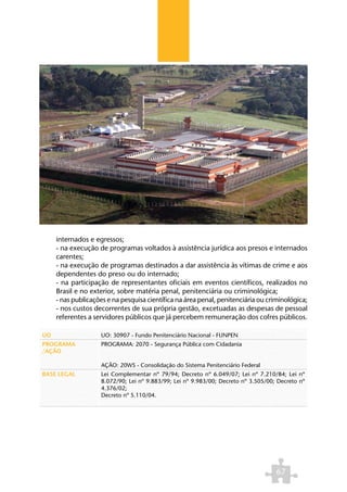 internados e egressos;
     - na execução de programas voltados à assistência jurídica aos presos e internados
     carentes;
     - na execução de programas destinados a dar assistência às vítimas de crime e aos
     dependentes do preso ou do internado;
     - na participação de representantes oficiais em eventos científicos, realizados no
     Brasil e no exterior, sobre matéria penal, penitenciária ou criminológica;
     - nas publicações e na pesquisa científica na área penal, penitenciária ou criminológica;
     - nos custos decorrentes de sua própria gestão, excetuadas as despesas de pessoal
     referentes a servidores públicos que já percebem remuneração dos cofres públicos.

UO                  UO: 30907 - Fundo Penitenciário Nacional - FUNPEN
PROGRAMA            PROGRAMA: 2070 - Segurança Pública com Cidadania
/AÇÃO

                    AÇÃO: 20WS - Consolidação do Sistema Penitenciário Federal
BASE LEGAL          Lei Complementar nº 79/94; Decreto nº 6.049/07; Lei nº 7.210/84; Lei nº
                    8.072/90; Lei nº 9.883/99; Lei nº 9.983/00; Decreto nº 3.505/00; Decreto nº
                    4.376/02;
                    Decreto nº 5.110/04.




                                                                                    67
 