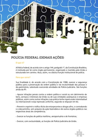 POLÍCIA FEDERAL (DEMAIS AÇÕES)
  O que é?

  A Polícia Federal, de acordo com o artigo 144, parágrafo 1º, da Constituição Brasileira,
  é instituída por lei como órgão permanente, organizado e mantido pela União e
  estruturado em carreira. Atua, assim, na clássica função institucional de polícia.

  Para que serve?

  Sua finalidade é, de acordo com a Constituição de 1988, exercer a segurança
  pública para a preservação da ordem pública e da incolumidade das pessoas e
  do patrimônio, sobretudo exercendo atividades de Polícia Judiciária. São funções
  ainda da PF:

  - Apurar infrações penais contra a ordem política e social ou em detrimento de
  bens, serviços e interesses da União ou de suas entidades autárquicas e empresas
  públicas, assim como outras infrações cuja prática tenha repercussão interestadual
  ou internacional e exija repressão uniforme, segundo se dispuser em lei;

  - Prevenir e reprimir o tráfico ilícito de entorpecentes e drogas afins, o contrabando
  e o descaminho, sem prejuízo da ação fazendária e de outros órgãos públicos nas
  respectivas áreas de competência;

  - Exercer as funções de polícia marítima, aeroportuária e de fronteiras;

  - Exercer, com exclusividade, as funções de Polícia Judiciária da União.




                                                                               81
 
