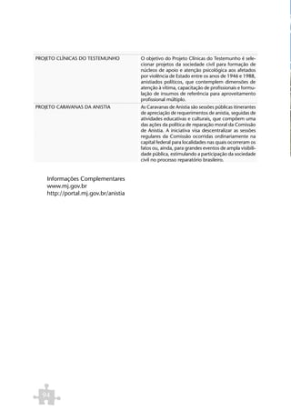PROJETO CLÍNICAS DO TESTEMUNHO        O objetivo do Projeto Clínicas do Testemunho é sele-
                                      cionar projetos da sociedade civil para formação de
                                      núcleos de apoio e atenção psicológica aos afetados
                                      por violência de Estado entre os anos de 1946 e 1988,
                                      anistiados políticos, que contemplem dimensões de
                                      atenção à vítima, capacitação de profissionais e formu-
                                      lação de insumos de referência para aproveitamento
                                      profissional múltiplo.
PROJETO CARAVANAS DA ANISTIA          As Caravanas de Anistia são sessões públicas itinerantes
                                      de apreciação de requerimentos de anistia, seguidas de
                                      atividades educativas e culturais, que compõem uma
                                      das ações da política de reparação moral da Comissão
                                      de Anistia. A iniciativa visa descentralizar as sessões
                                      regulares da Comissão ocorridas ordinariamente na
                                      capital federal para localidades nas quais ocorreram os
                                      fatos ou, ainda, para grandes eventos de ampla visibili-
                                      dade pública, estimulando a participação da sociedade
                                      civil no processo reparatório brasileiro.


    Informações Complementares
    www.mj.gov.br
    http://portal.mj.gov.br/anistia




  94
 
