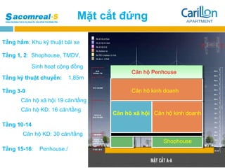 Mặt cắt đứng

Tầng hầm: Khu kỹ thuật bãi xe

Tầng 1, 2: Shophouse, TMDV,

             Sinh hoạt cộng đồng
                                          Căn hộ Penhouse
Tầng kỹ thuật chuyển:       1,85m

Tầng 3-9                                  Căn hô kinh doanh
       Căn hộ xã hội 19 căn/tầng
       Căn hộ KD: 16 căn/tầng
                                    Căn hô xã hội Căn hộ kinh doanh

Tầng 10-14
       Căn hộ KD: 30 căn/tầng
                                                     Shophouse
Tầng 15-16:    Penhouse./
 