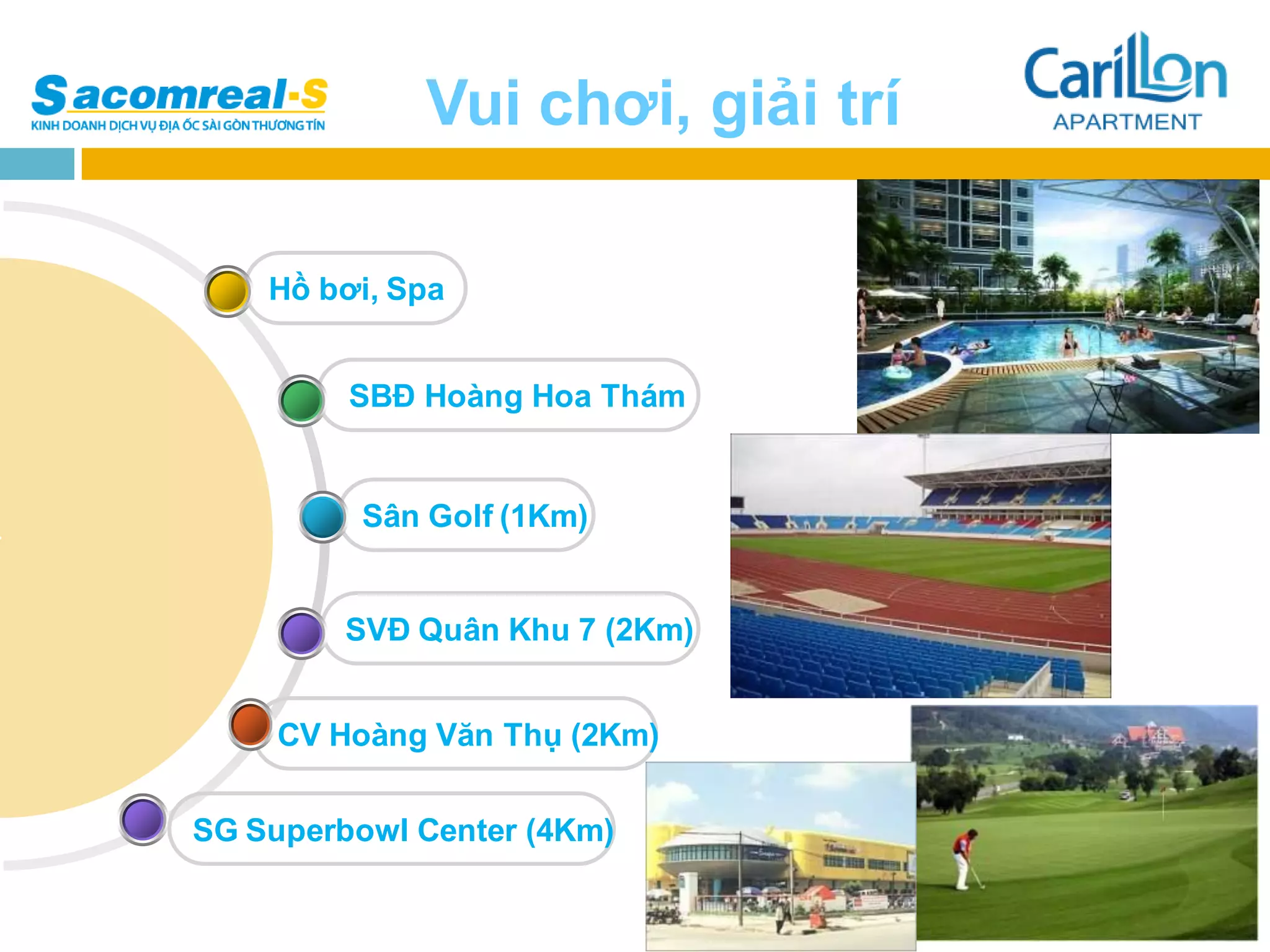 Vui chơi, giải trí

    Hồ bơi, Spa


         SBĐ Hoàng Hoa Thám


          Sân Golf (1Km)


         SVĐ Quân Khu 7 (2Km)


     CV Hoàng Văn Thụ (2Km)


SG Superbowl Center (4Km)
 