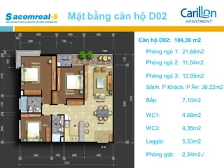 Mặt bằng căn hộ D02

             Căn hộ D02: 104,39 m2

               Phòng ngủ 1: 21,68m2
               Phòng ngủ 2: 11,54m2

               Phòng ngủ 3: 12,95m2
               Sảnh, P Khách, P Ăn: 36,22m2

               Bếp:          7,10m2

               WC1:          4,68m2

               WC2:          4,35m2

               Loggia:       5,53m2

               Phòng giặt:   2,34m2./
 