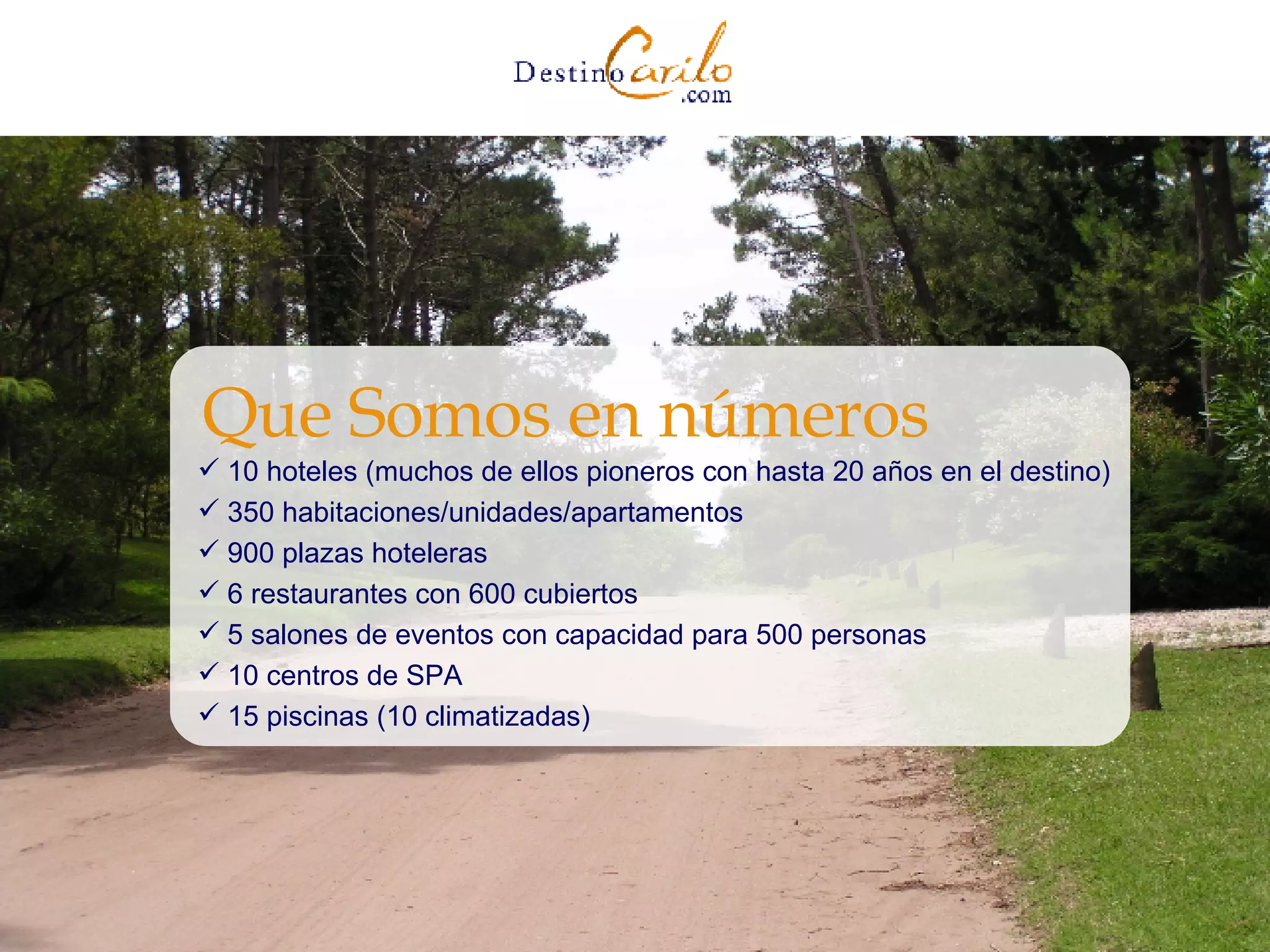 Que Somos en números 10 hoteles (muchos de ellos pioneros con hasta 20 años en el destino) 350 habitaciones/unidades/apartamentos  900 plazas hoteleras  6 restaurantes con 600 cubiertos  5 salones de eventos con capacidad para 500 personas  10 centros de SPA  15 piscinas (10 climatizadas) 