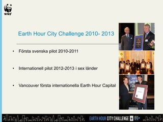 Earth Hour City Challenge 2010- 2013
•

Första svenska pilot 2010-2011

•

Internationell pilot 2012-2013 i sex länder

•

Vancouver första internationella Earth Hour Capital

 