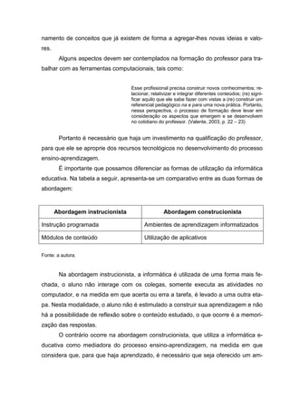namento de conceitos que já existem de forma a agregar-lhes novas ideias e valo-
res.
        Alguns aspectos devem ser contemplados na formação do professor para tra-
balhar com as ferramentas computacionais, tais como:


                                   Esse profissional precisa construir novos conhecimentos; re-
                                   lacionar, relativizar e integrar diferentes conteúdos; (re) signi-
                                   ficar aquilo que ele sabe fazer com vistas a (re) construir um
                                   referencial pedagógico na e para uma nova prática. Portanto,
                                   nessa perspectiva, o processo de formação deve levar em
                                   consideração os aspectos que emergem e se desenvolvem
                                   no cotidiano do professor. (Valente, 2003, p. 22 – 23)


        Portanto é necessário que haja um investimento na qualificação do professor,
para que ele se aproprie dos recursos tecnológicos no desenvolvimento do processo
ensino-aprendizagem.
        É importante que possamos diferenciar as formas de utilização da informática
educativa. Na tabela a seguir, apresenta-se um comparativo entre as duas formas de
abordagem:


       Abordagem instrucionista                    Abordagem construcionista

Instrução programada                     Ambientes de aprendizagem informatizados

Módulos de conteúdo                      Utilização de aplicativos

Fonte: a autora.



        Na abordagem instrucionista, a informática é utilizada de uma forma mais fe-
chada, o aluno não interage com os colegas, somente executa as atividades no
computador, e na medida em que acerta ou erra a tarefa, é levado a uma outra eta-
pa. Nesta modalidade, o aluno não é estimulado a construir sua aprendizagem e não
há a possibilidade de reflexão sobre o conteúdo estudado, o que ocorre é a memori-
zação das respostas.
        O contrário ocorre na abordagem construcionista, que utiliza a informática e-
ducativa como mediadora do processo ensino-aprendizagem, na medida em que
considera que, para que haja aprendizado, é necessário que seja oferecido um am-
 
