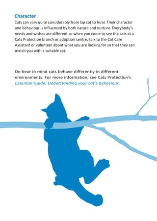 Character
Cats can vary quite considerably from lap cat to feral. Their character
and behaviour is influenced by both nature and nurture. Everybody’s
needs and wishes are different so when you come to see the cats at a
Cats Protection branch or adoption centre, talk to the Cat Care
Assistant or volunteer about what you are looking for so that they can
match you with a suitable cat.
 