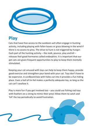 Play
Cats that have free access to the outdoors will often engage in hunting
activity, including playing with fallen leaves or grass blowing in the wind if
there is no access to prey. The drive to hunt is not triggered by hunger.
Each part of the hunting activity – the stalk, pounce, play and kill –
releases feel-good hormones called endorphins. It is important that our
pet cats are given frequent opportunities to play to keep them mentally
stimulated.
Keeping your cat amused with toys can help to keep them happy, provide
good exercise and strengthen your bond with your cat. Toys don’t have to
be expensive. A cardboard box with holes cut into it provides a fun hiding
place. Even a ball of tin foil makes a perfectly adequate toy, as long as the
cat can’t swallow it.
Play is more fun if you get involved too – you could use fishing rod toys
with feathers on a string to mimic their prey! Allow them to catch and
‘kill’ the toy periodically to avoid frustration.
 