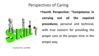Perspectives of Caring
Fourth Perspective: “Competence in
carrying out all the required
procedures, personal and technical,
with true concern for providing the
proper care at the proper time in the
proper way.
 