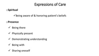 Expressions of Care
oSpiritual
Being aware of & honoring patient’s beliefs
oPresence
 Being there
 Physically present
 Demonstrating understanding
 Being with
 Sharing oneself
 