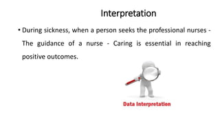 Interpretation
• During sickness, when a person seeks the professional nurses -
The guidance of a nurse - Caring is essential in reaching
positive outcomes.
 