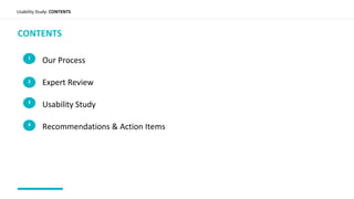 CONTENTS
Our Process
Expert Review
Usability Study
Recommendations & Action Items
1
2
3
4
Usability Study: CONTENTS
 