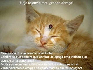 Hoje te envio meu grande abraço! Que a vida te seja sempre sorridente! Lembra-te que sempre que sorrires se apaga uma tristeza e se acende uma esperança! Muitas pessoas entrarão e sairão de tua vida, mas só as verdadeiramente amigas deixarão marcas em teu coração! 