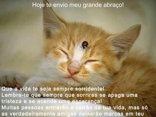 Hoje te envio meu grande abraço! Que a vida te seja sempre sorridente! Lembra-te que sempre que sorrires se apaga uma tristeza e se acende uma esperança! Muitas pessoas entrarão e sairão de tua vida, mas só as verdadeiramente amigas deixarão marcas em teu coração! 