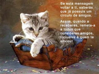 Se esta mensagem voltar a ti, saberás que já possuis um círculo de amigos. Assim, quando a receberes, remeta-a a todos que consideras amigos, inclusive à quem te enviou! 