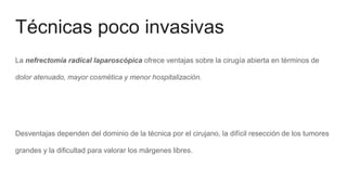 Técnicas poco invasivas
La nefrectomía radical laparoscópica ofrece ventajas sobre la cirugía abierta en términos de
dolor atenuado, mayor cosmética y menor hospitalización.
Desventajas dependen del dominio de la técnica por el cirujano, la difícil resección de los tumores
grandes y la dificultad para valorar los márgenes libres.
 