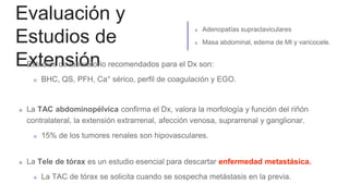 Evaluación y
Estudios de
ExtensiónEstudios de laboratorio recomendados para el Dx son:
BHC, QS, PFH, Ca+ sérico, perfil de coagulación y EGO.
La TAC abdominopélvica confirma el Dx, valora la morfología y función del riñón
contralateral, la extensión extrarrenal, afección venosa, suprarrenal y ganglionar.
15% de los tumores renales son hipovasculares.
La Tele de tórax es un estudio esencial para descartar enfermedad metastásica.
La TAC de tórax se solicita cuando se sospecha metástasis en la previa.
Adenopatías supraclaviculares
Masa abdominal, edema de MI y varicocele.
 