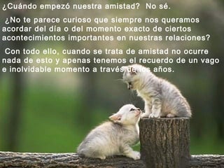 ¿Cuándo empezó nuestra amistad? No sé.
 ¿No te parece curioso que siempre nos queramos
acordar del día o del momento exacto de ciertos
acontecimientos importantes en nuestras relaciones?
 Con todo ello, cuando se trata de amistad no ocurre
nada de esto y apenas tenemos el recuerdo de un vago
e inolvidable momento a través de los años.
 