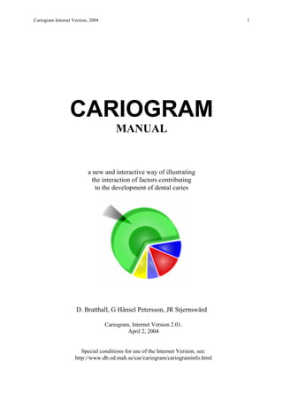 Cariogram Internet Version, 2004 1
CARIOGRAM
MANUAL
a new and interactive way of illustrating
the interaction of factors contributing
to the development of dental caries
D. Bratthall, G Hänsel Petersson, JR Stjernswärd
Cariogram, Internet Version 2.01.
April 2, 2004
Special conditions for use of the Internet Version, see:
http://www.db.od.mah.se/car/cariogram/cariograminfo.html
 