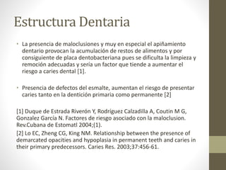 Estructura Dentaria
• La presencia de maloclusiones y muy en especial el apiñamiento
dentario provocan la acumulación de restos de alimentos y por
consiguiente de placa dentobacteriana pues se dificulta la limpieza y
remoción adecuadas y sería un factor que tiende a aumentar el
riesgo a caries dental [1].
• Presencia de defectos del esmalte, aumentan el riesgo de presentar
caries tanto en la dentición primaria como permanente [2]
[1] Duque de Estrada Riverón Y, Rodríguez Calzadilla A, Coutin M G,
Gonzalez García N. Factores de riesgo asociado con la maloclusion.
Rev.Cubana de Estomatl 2004;(1).
[2] Lo EC, Zheng CG, King NM. Relationship between the presence of
demarcated opacities and hypoplasia in permanent teeth and caries in
their primary predecessors. Caries Res. 2003;37:456-61.
 