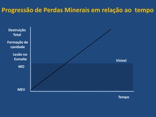 Progressão de Perdas Minerais em relação ao tempo

  Destruição
    Total
 Formação de
   cavidade
    Lesão no
     Esmalte                        Visível
       MO




       MEV
                                     Tempo
 