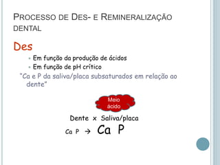 PROCESSO DE DES- E REMINERALIZAÇÃO
DENTAL
Des
 Em função da produção de ácidos
 Em função de pH crítico
“Ca e P da saliva/placa subsaturados em relação ao
dente”
Dente x Saliva/placa
Ca P  Ca P
Meio
ácido
 