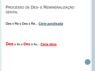 PROCESSO DE DES- E REMINERALIZAÇÃO
DENTAL
Des x Re x Des x Re... Cárie paralisada
Des x Re x Des x Re... Cárie ativa
 
