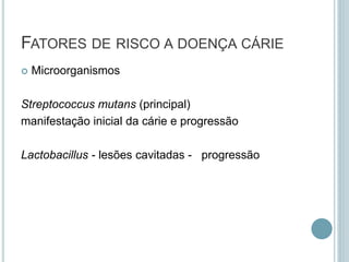  Microorganismos
Streptococcus mutans (principal)
manifestação inicial da cárie e progressão
Lactobacillus - lesões cavitadas - progressão
FATORES DE RISCO A DOENÇA CÁRIE
 