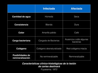 Infectada Afectada
Cantidad de agua Húmeda Seca
Consistencia Blanda Dura
Color Amarillo pálido Café
Carga bacteriana Cargada de Bacterias
Ausencia o sólo algunas
bacterias
Colágeno Colágeno desnaturalizado Red colágena intacta
Posibilidades de
remineralización
No remineralizable Remineralizable
Características clínico-histológicas de la lesión
de caries destinará
Fuyasama, 1972
 