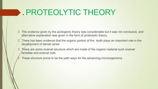 . PROTEOLYTIC THEORY
 The evidence given by the acidogenic theory was considerable but it was not conclusive, and
alternative explanation was given in the form of proteolytic theory.
 There has been evidence that the organic portion of the tooth plays an important role in the
development of dental caries
 There are some enamel structure which are made of the organic material such enamel
lamellae and enamel rods
 These structure prove to be the path ways for the advancing microorganisms
 