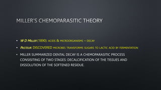 • W D MILLER (1890): ACIDS & MICROORGANISMS – DECAY
• PASTEUR: DISCOVERED MICROBES TRANSFORMS SUGARS TO LACTIC ACID BY FERMENTATION
• MILLER SUMMARIZED DENTAL DECAY IS A CHEMOPARASITIC PROCESS
CONSISITING OF TWO STAGES: DECALCIFICATION OF THE TISSUES AND
DISSOLUTION OF THE SOFTENED RESIDUE.
 