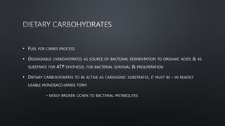 • FUEL FOR CARIES PROCESS
• DEGRADABLE CARBOHYDRATES AS SOURCE OF BACTERIAL FERMENTATION TO ORGANIC ACIDS & AS
SUBSTRATE FOR ATP SYNTHESIS, FOR BACTERIAL SURVIVAL & PROLIFERATION
• DIETARY CARBOHYDRATES TO BE ACTIVE AS CARIOGENIC SUBSTRATES, IT MUST BE - IN READILY
USABLE MONOSACCHARIDE FORM
- EASILY BROKEN DOWN TO BACTERIAL METABOLITES
 