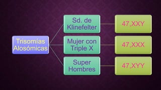 Trisomías
Alosómicas
Sd. de
Klinefelter
47,XXY
Mujer con
Triple X
47,XXX
Super
Hombres
47,XYY
 