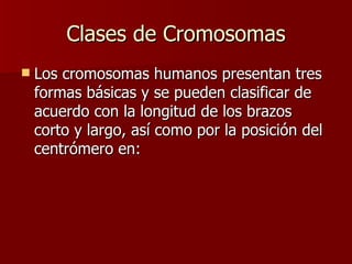 Clases de Cromosomas
   Los cromosomas humanos presentan tres
    formas básicas y se pueden clasificar de
    acuerdo con la longitud de los brazos
    corto y largo, así como por la posición del
    centrómero en:
 